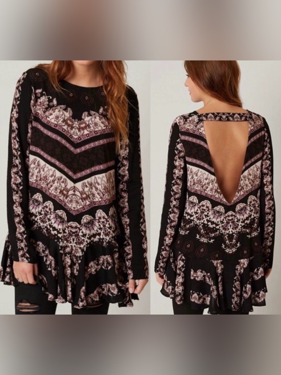 Free People Dresses & Skirts - Free People Black and Purple Printed Cut Out Back Tunic Blouse - Size L